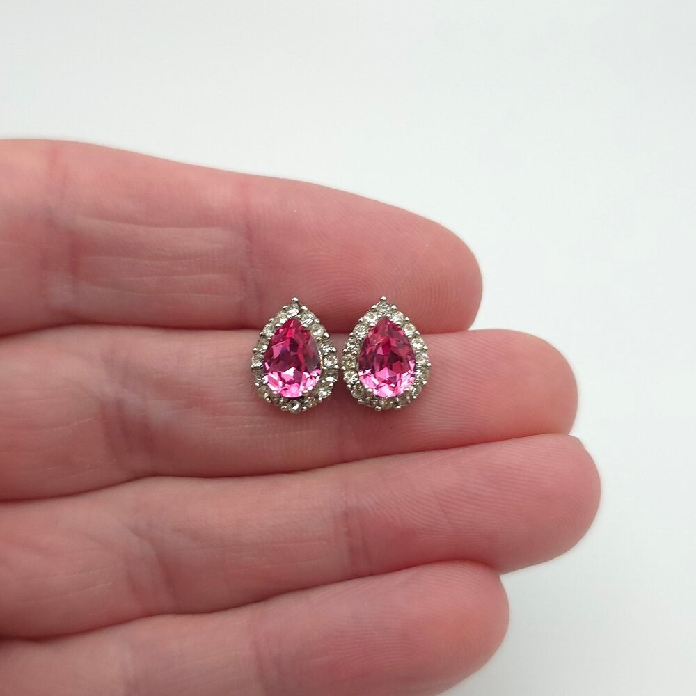 925 Sterling Silver Teardrop Pink And Clear Crystal Stud Earrings